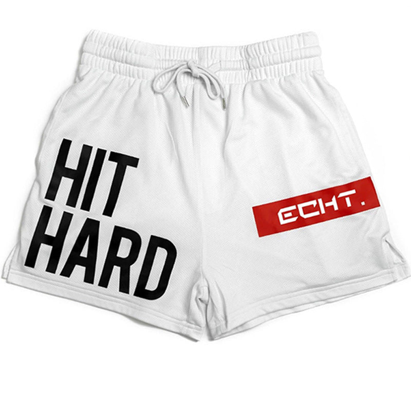 Men's Sports Shorts in white with 'HIT HARD' design, perfect for athletic training and running.