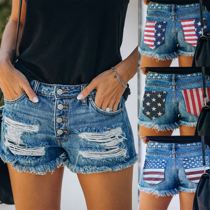 Women’s American Flag Denim Shorts – Distressed High-Waisted Summer Shorts