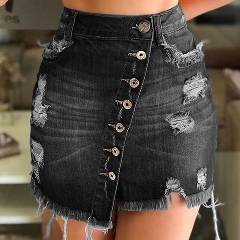 Women's Denim Skirt – Hip-Hugging Distressed Patchwork Mini featuring button details and frayed edges.