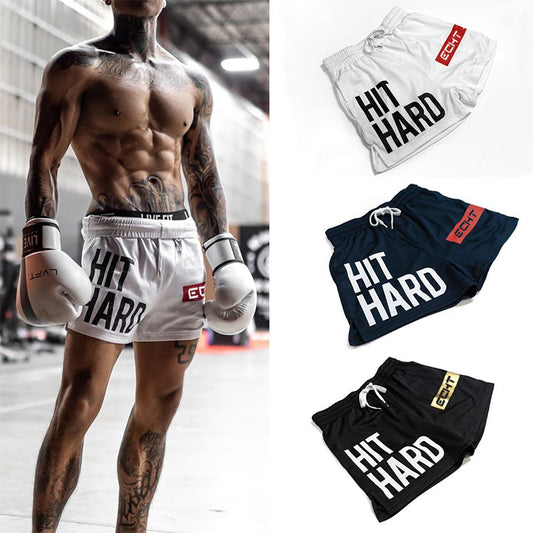 Men's Sports Shorts in three colors displaying 'HIT HARD' for athletic performance.