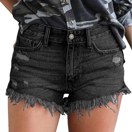 Women's Denim Shorts – High-Stretch Mid-Waist Fringed Denim in black with distressed design and trendy frayed hem.