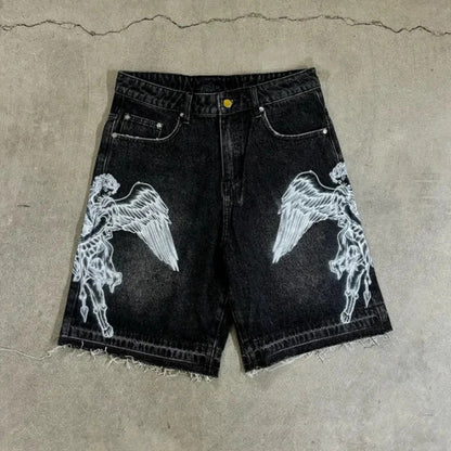 Men's Denim Shorts – Retro Loose-Fit Printed Straight-Leg