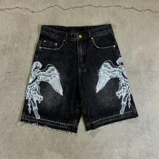 Men's Denim Shorts – Retro Loose-Fit Printed Straight-Leg