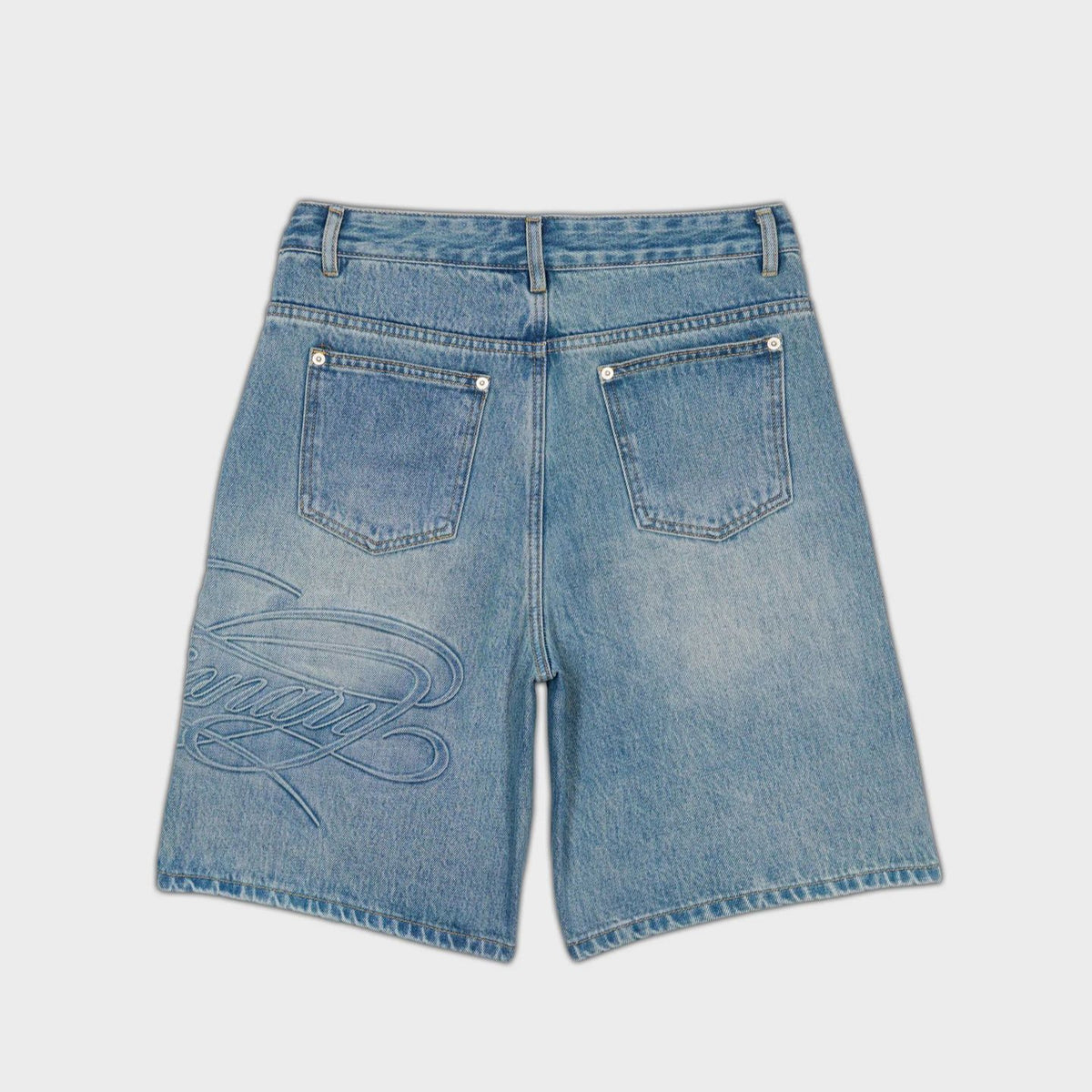 Men's Denim Shorts – Retro Letter-Print Straight-Leg Blue