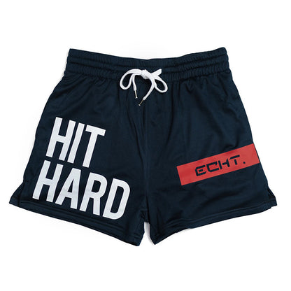 Men's Sports Shorts featuring the bold slogan "HIT HARD" and comfortable design for athletic activities.