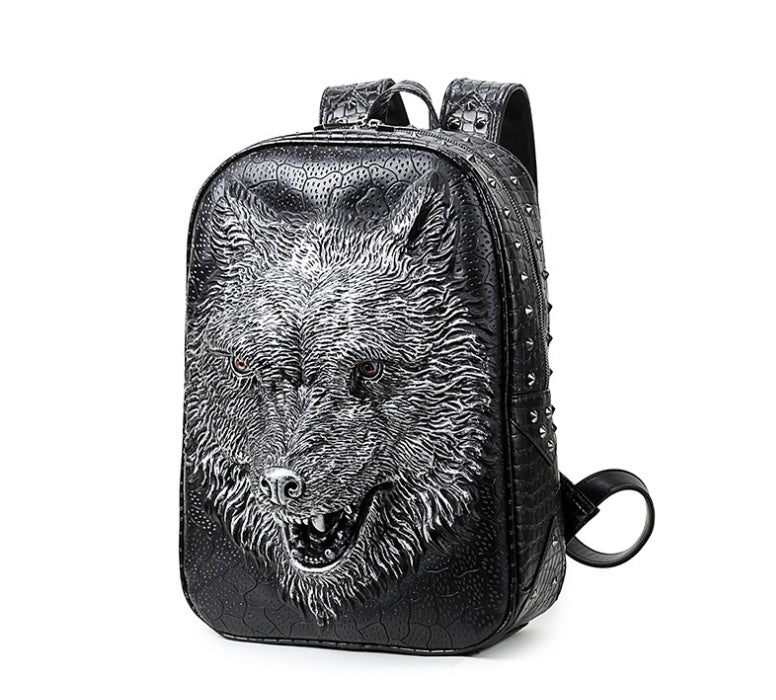 Wolf Head Student Backpack – 3D Gothic PU Leather Student & Travel Bag
