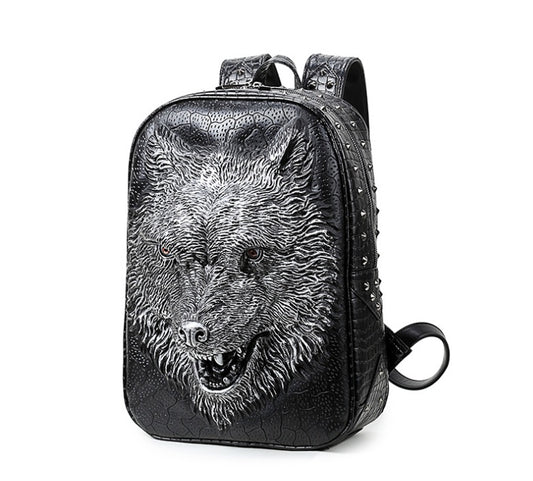 Wolf Head Student Backpack – 3D Gothic PU Leather Student & Travel Bag
