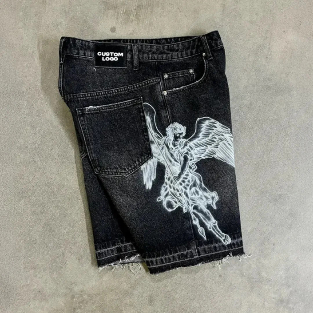 Men's Denim Shorts – Retro Loose-Fit Printed Straight-Leg