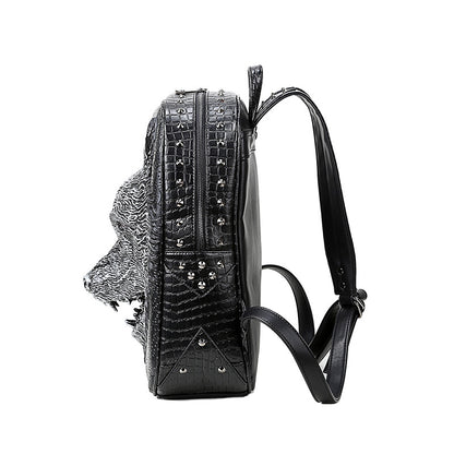 Wolf Head Student Backpack – 3D Gothic PU Leather Student & Travel Bag