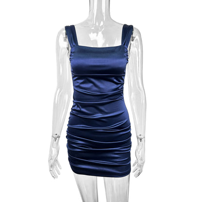 Women’s Low-Cut Halter Pleated Bodycon Mini Dress