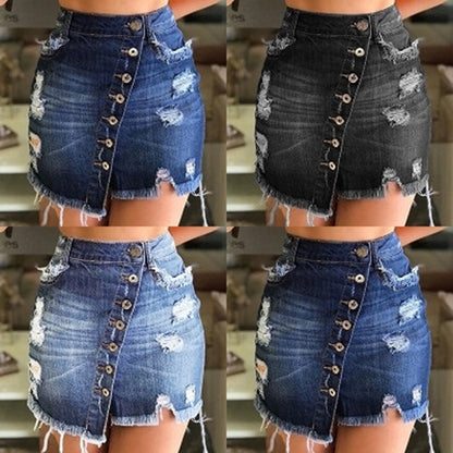 Women's Denim Skirt featuring hip-hugging distressed patchwork in various denim shades, showcasing buttons and frayed edges.