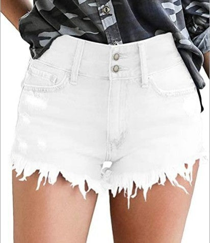 Women's Denim Shorts – High-Stretch Mid-Waist Fringed Denim in white with frayed hem and button closure.
