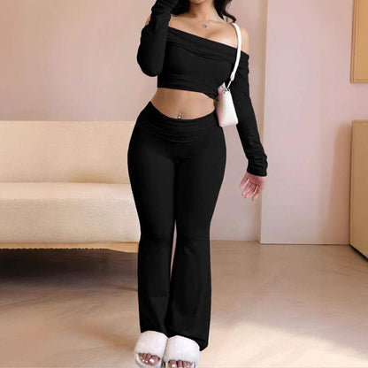 Off-Shoulder Long Sleeve Solid Color Slim Fit