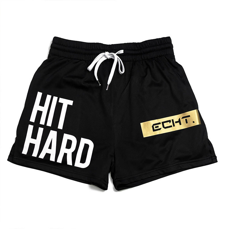 Men's Sports Shorts in black with 'HIT HARD' print and gold accents, perfect for athletic training and running.