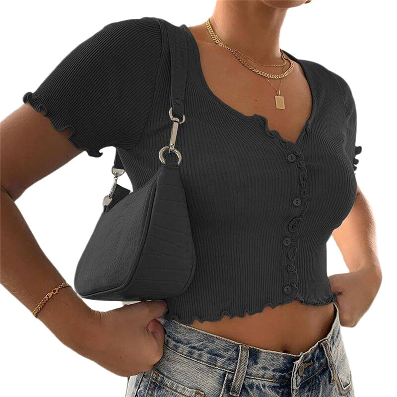 Women V-neck Short Sleeve Ruffle T-shirt Top