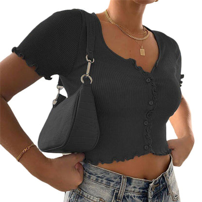 Women V-neck Short Sleeve Ruffle T-shirt Top