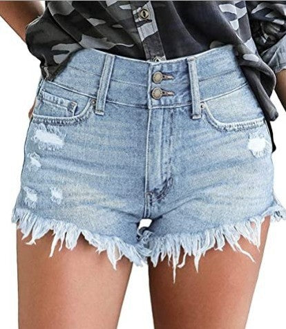 Women's Denim Shorts – High-Stretch Mid-Waist Fringed Denim with distressed details and frayed edges.