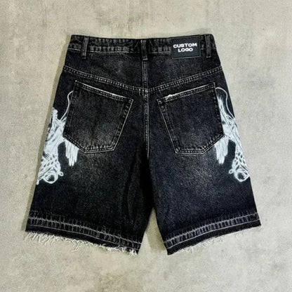 Men's Denim Shorts – Retro Loose-Fit Printed Straight-Leg