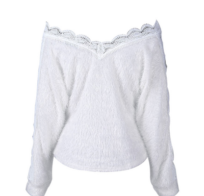 Sexy V Neck Lace Hollow Knit Sweater T0p