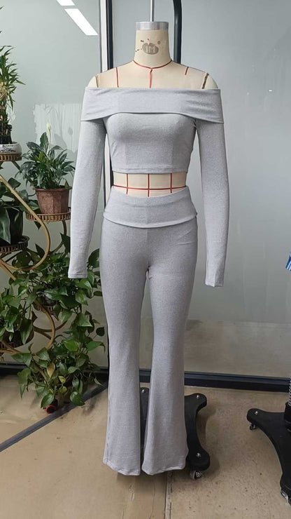 Off-Shoulder Long Sleeve Solid Color Slim Fit