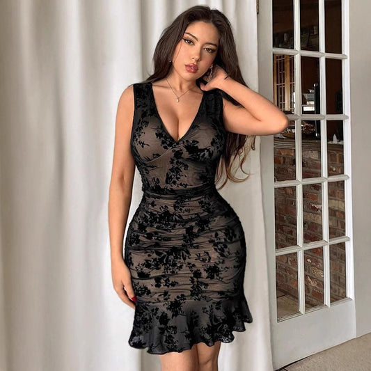 Women’s Mesh Mini Dress – Deep V-Neck Ruffle Sleeveless Black Dress