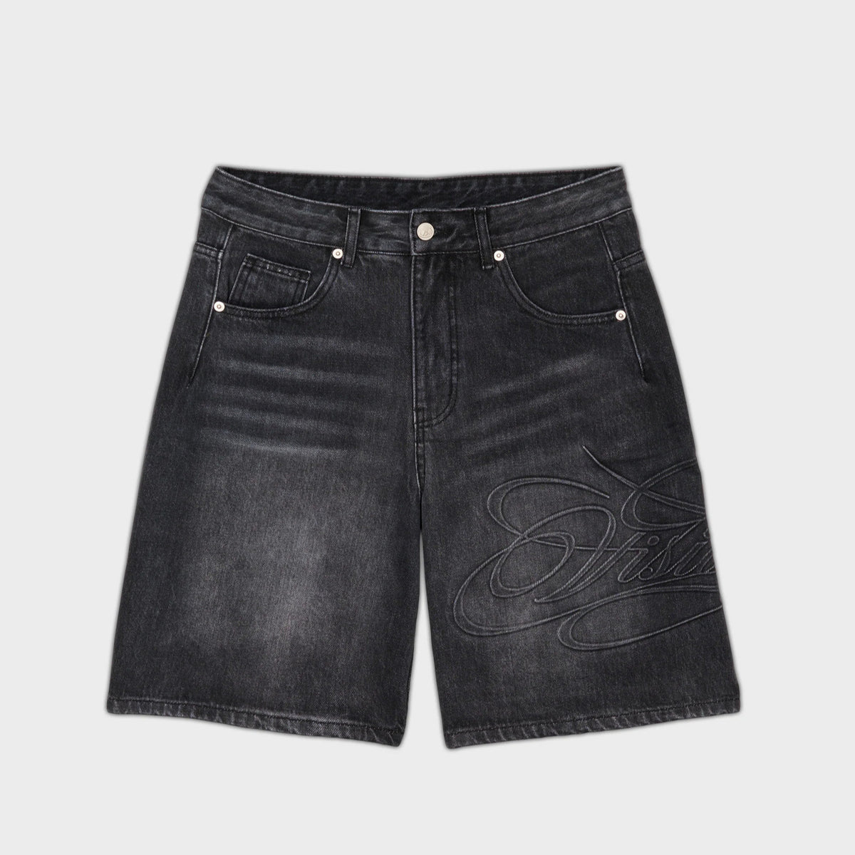 Men's Denim Shorts – Retro Letter-Print Straight-Leg Blue