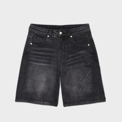 Men's Denim Shorts – Retro Letter-Print Straight-Leg Blue