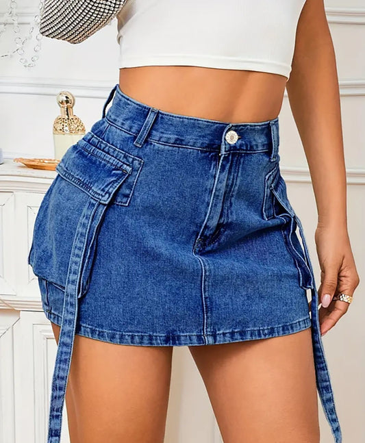Women's Denim Skirt in sapphire blue with pockets and moderate stretch, perfect for stylish summer outfits.
