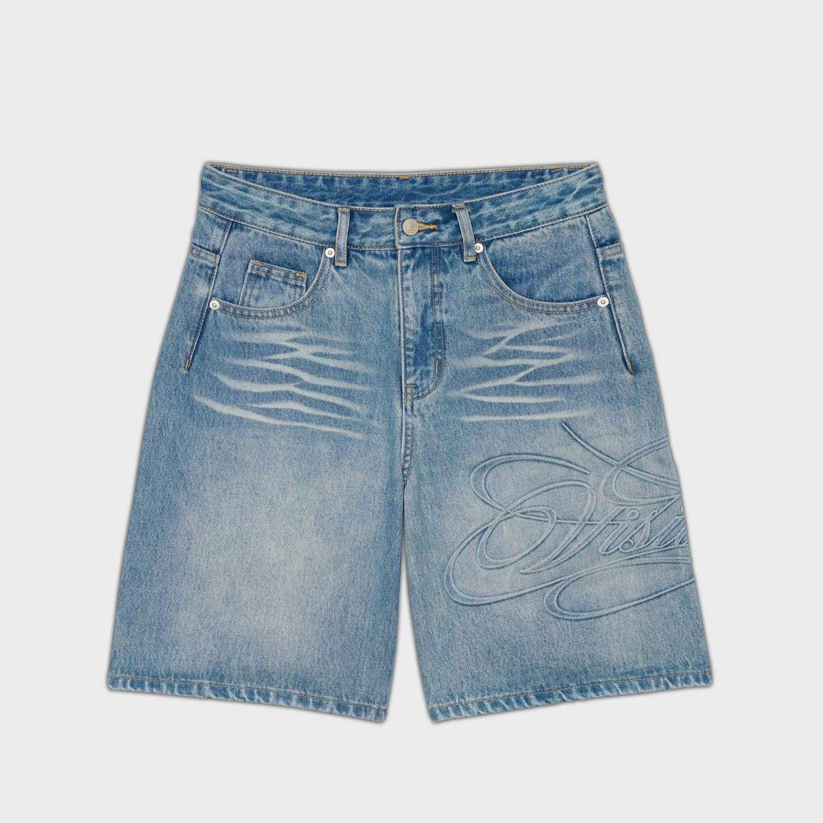 Men's Denim Shorts – Retro Letter-Print Straight-Leg Blue