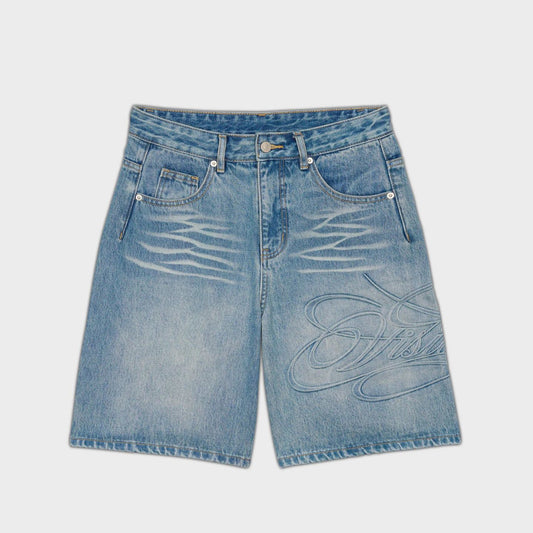 Men's Denim Shorts – Retro Letter-Print Straight-Leg Blue