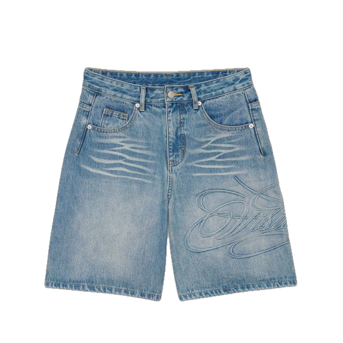 Men's Denim Shorts – Retro Letter-Print Straight-Leg Blue