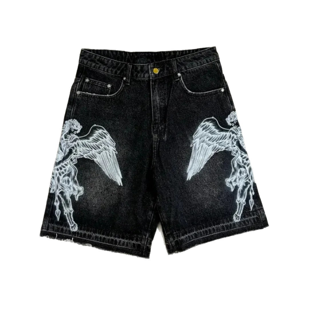 Men's Denim Shorts – Retro Loose-Fit Printed Straight-Leg