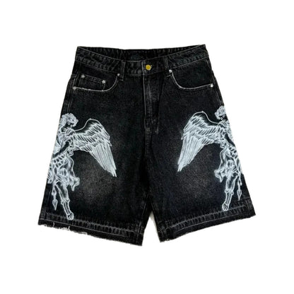 Men's Denim Shorts – Retro Loose-Fit Printed Straight-Leg